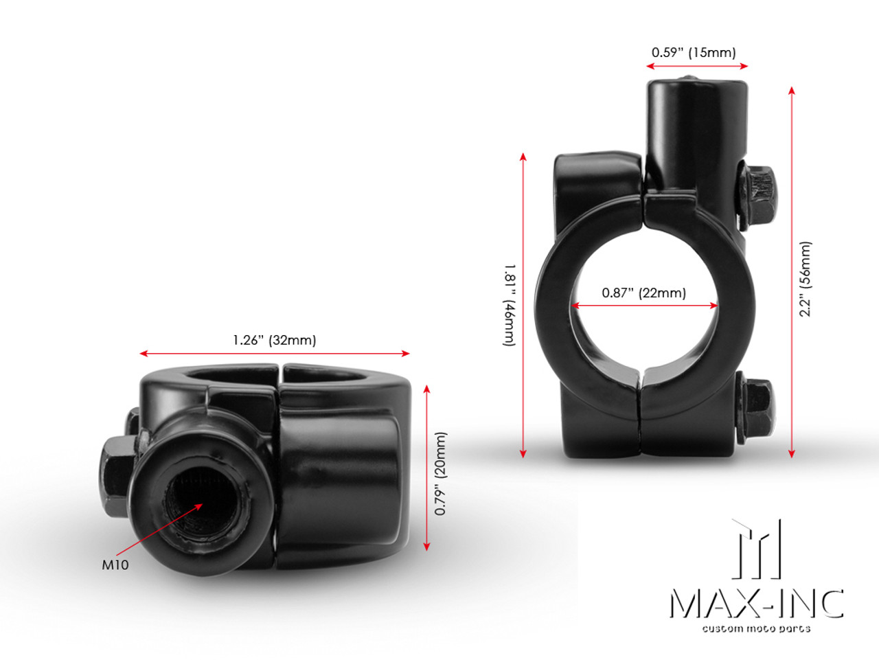 Universal 22mm Alloy Handlebar Mirror Mounts - M10 / Right Hand Thread