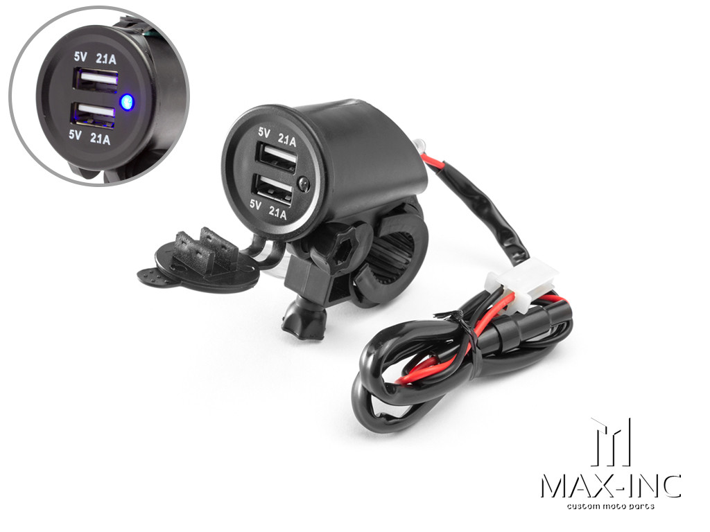  Universal Handlebar Mount Twin USB Power Supply - Fits 22-25mm Bars