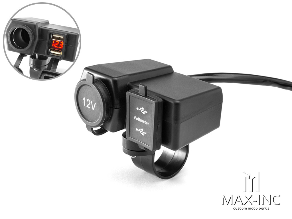Universal Handlebar Mount 12v Socket + Twin USB + Voltmeter Power Supply- Fits 22-25mm Bars
