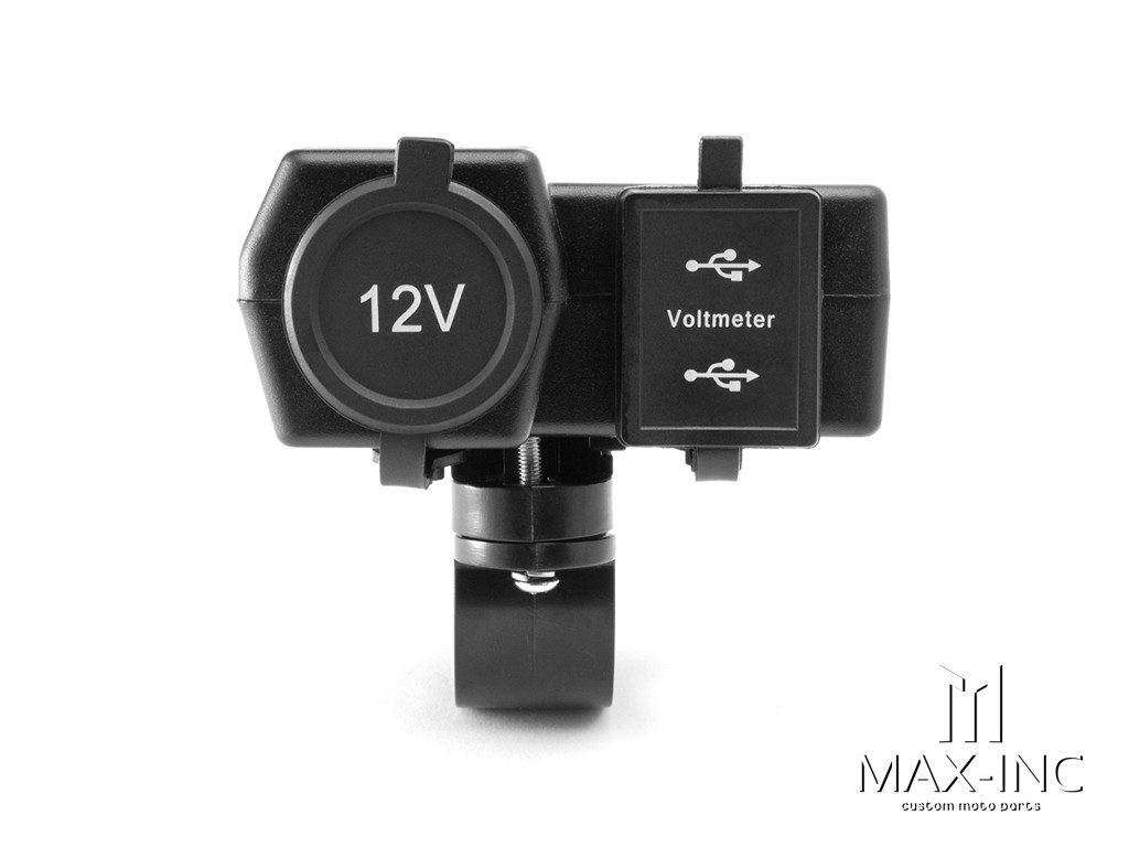 Universal Handlebar Mount 12v Socket + Twin USB + Voltmeter Power Supply- Fits 22-25mm Bars