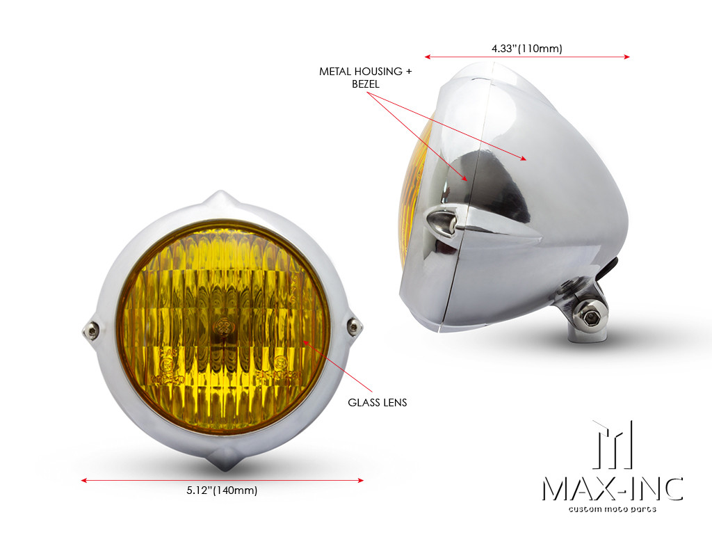 5.5" Polished Alloy Vintage Style Headlight - Yellow Lens