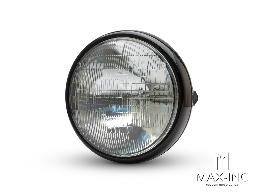 7.7" Gloss Black Shorty Metal Headlight - 12v / 55w Sealed Beam