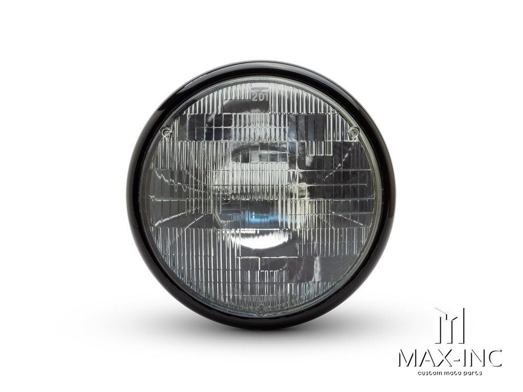 7.7" Gloss Black Shorty Metal Headlight - 12v / 55w Sealed Beam