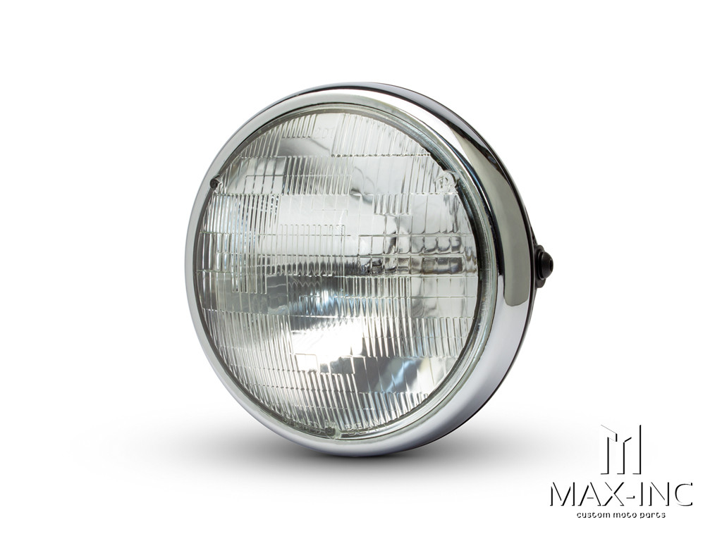 7.7" Gloss Black + Chrome Shorty Metal Headlight - 12v / 55w Sealed Beam