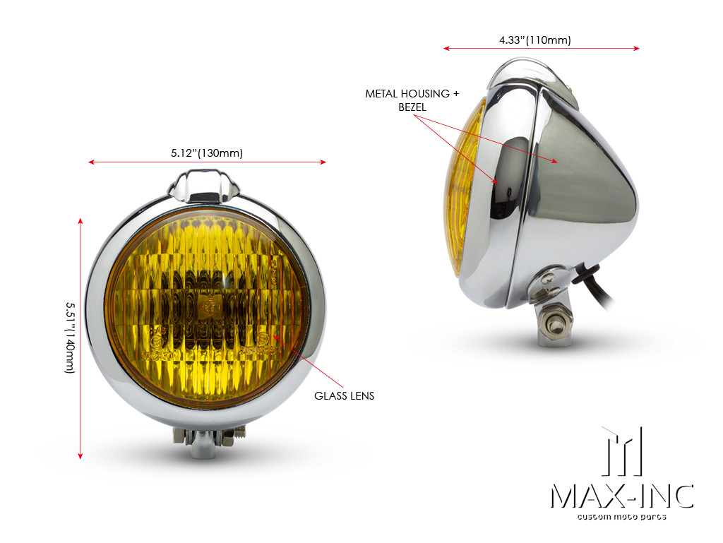 5" Chrome Metal Vintage Style Headlight - Yellow Lens