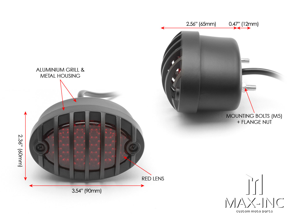Matte Black Metal Grilled Oval LED Stop / Tail Light - Red Lens
