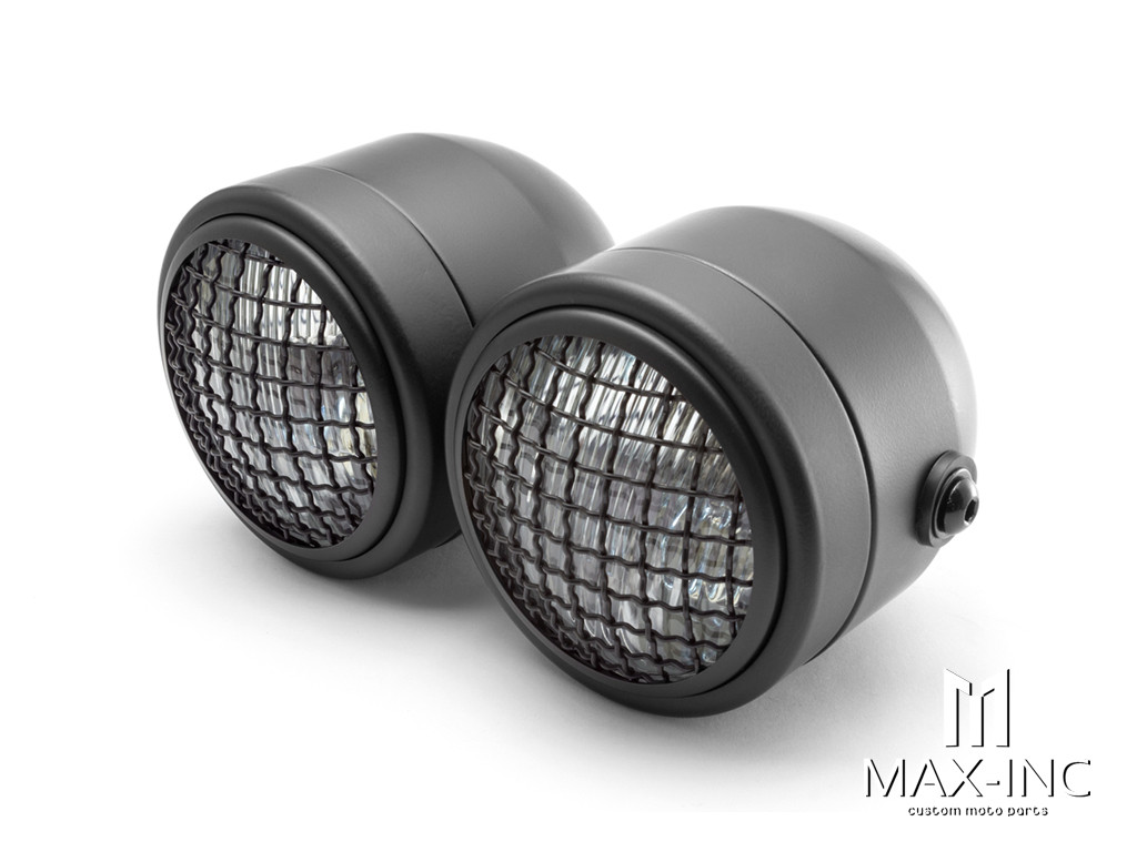 Black Universal Twin Metal Headlight + Mesh Grill - 12v / 35w
