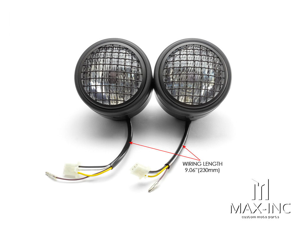 Black Universal Twin Metal Headlight + Mesh Grill - 12v / 35w