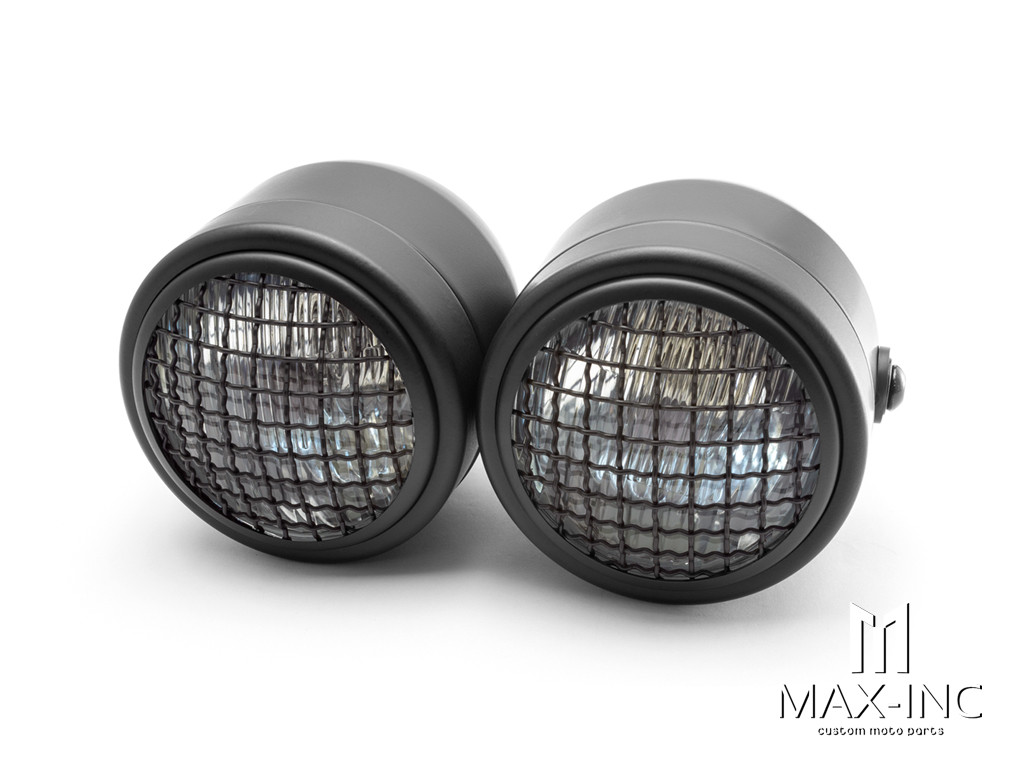 Black Universal Twin Metal Headlight + Mesh Grill - 12v / 35w