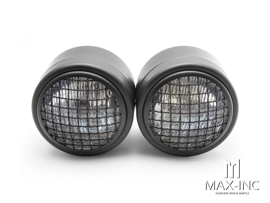 Black Universal Twin Metal Headlight + Mesh Grill - 12v / 35w