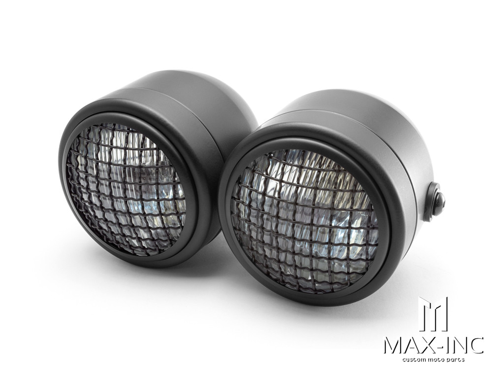 Black Universal Twin Metal Headlight + Mesh Grill - 12v / 35w