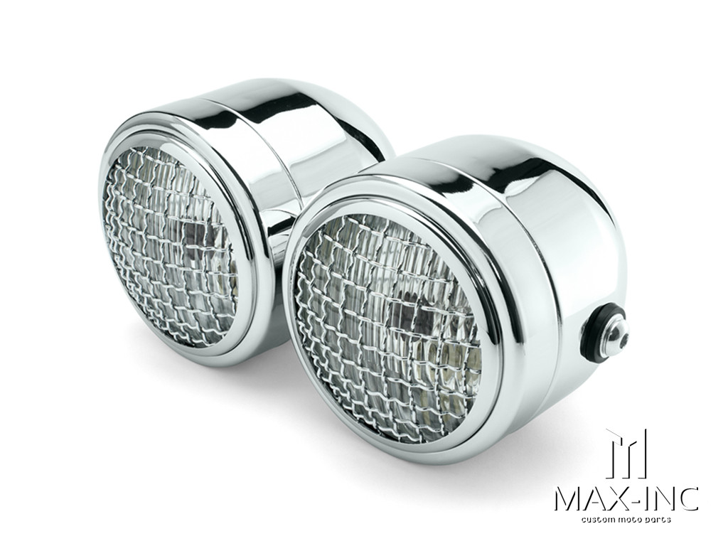 Chrome Universal Twin Metal Headlight + Mesh Grill - 12v / 35w