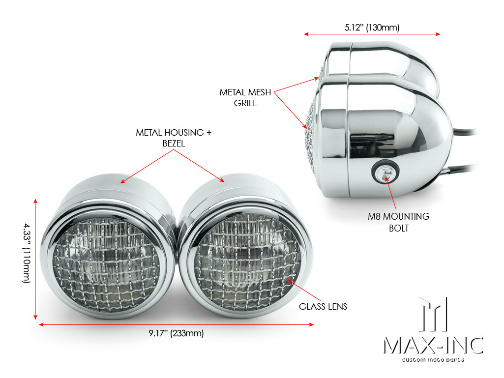 Chrome Universal Twin Metal Headlight + Mesh Grill - 12v / 35w