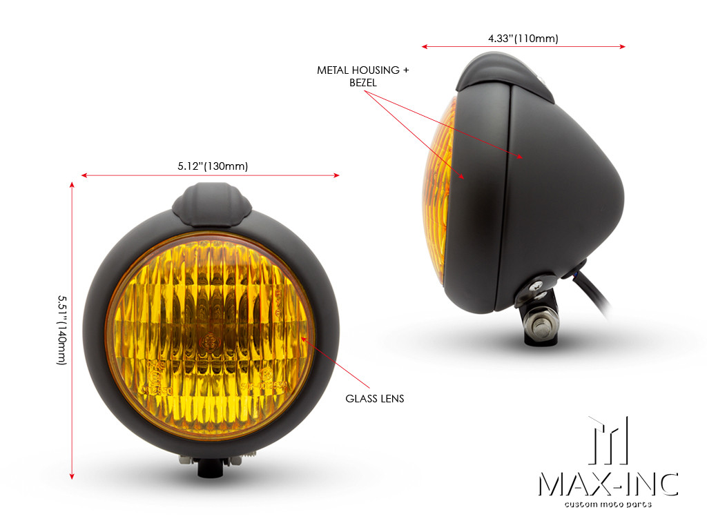 5" Matte Black Metal Vintage Style Headlight - Yellow Lens