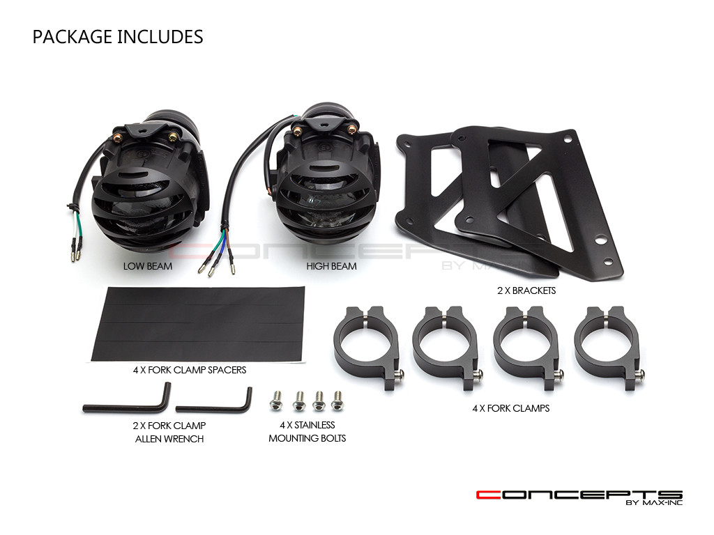 Black Dual Stacked Prison Grill Streetfighter Projector Headlight Set - Fits Fork Sizes 32 - 59mm