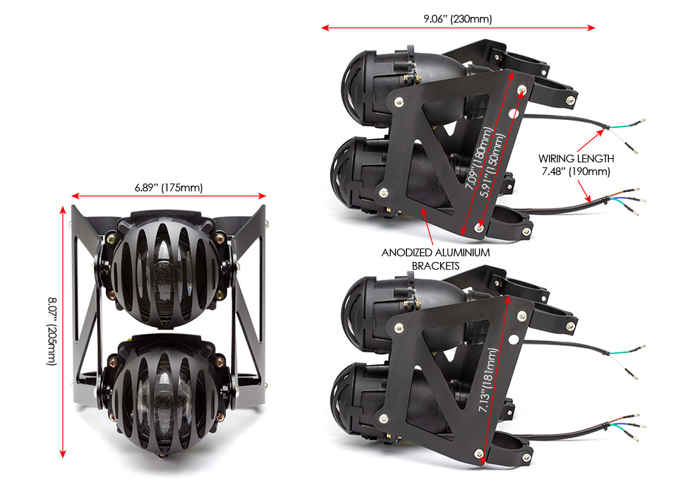 Black Dual Stacked Prison Grill Streetfighter Projector Headlight Set - Fits Fork Sizes 32 - 59mm