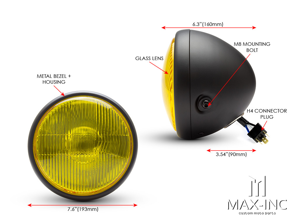 7.7" Matte Black Universal Metal Classic Yellow Lens Headlight