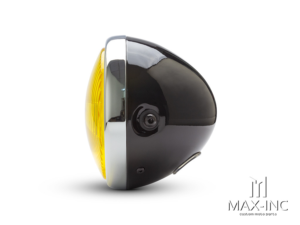 7.7" Gloss Black + Chrome Universal Metal Classic Yellow Lens Headlight