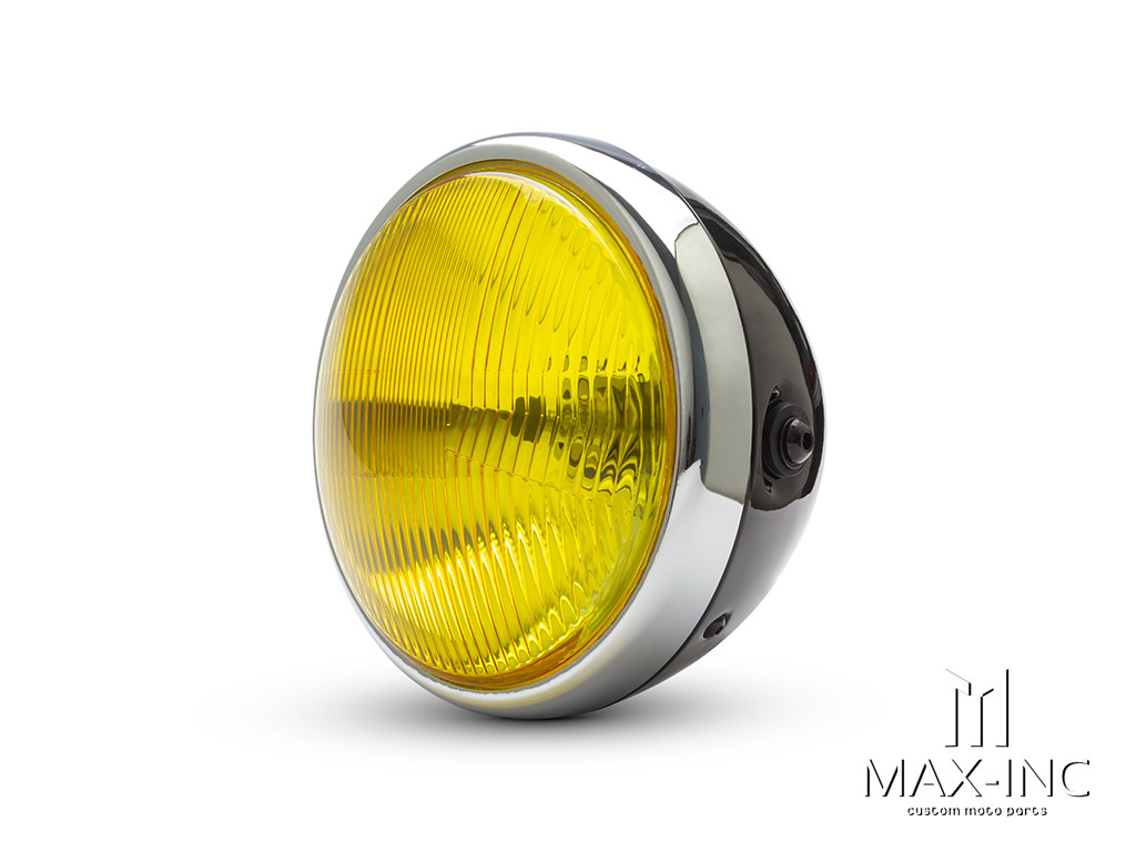 7.7" Gloss Black + Chrome Universal Metal Classic Yellow Lens Headlight