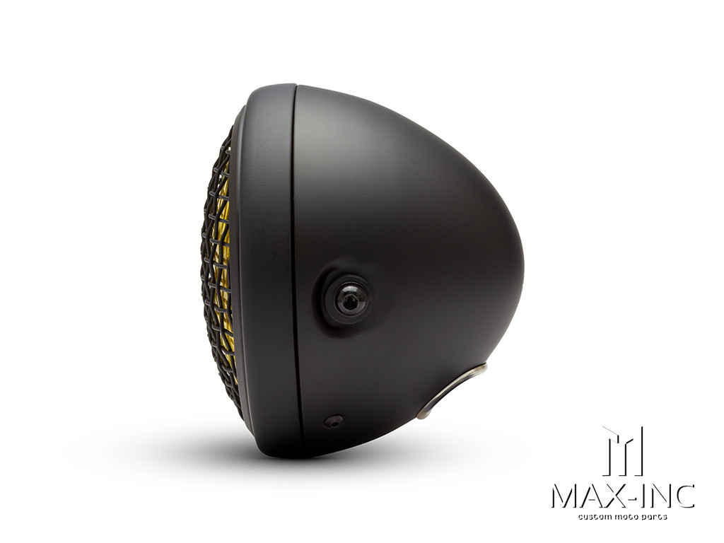 7.7" Matte Black Universal Metal Classic Yellow Lens Headlight + Mesh Grill