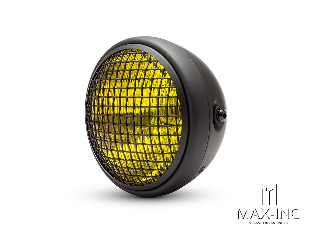 7.7" Matte Black Universal Metal Classic Yellow Lens Headlight + Mesh Grill