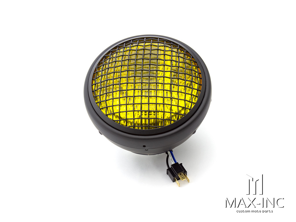 7.7" Matte Black Universal Metal Classic Yellow Lens Headlight + Mesh Grill