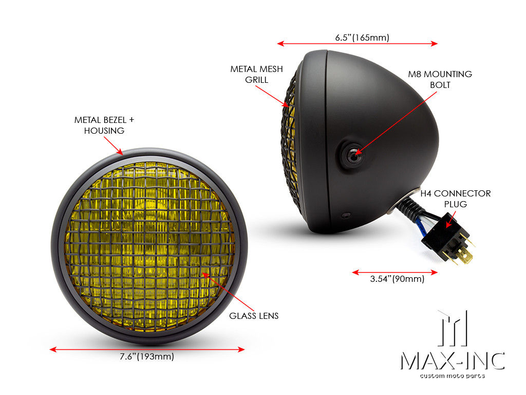 7.7" Matte Black Universal Metal Classic Yellow Lens Headlight + Mesh Grill