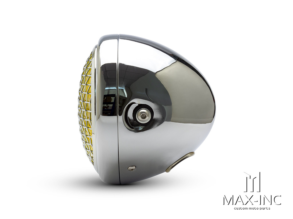 7.7" Chrome Universal Metal Classic Yellow Lens Headlight + Mesh Grill