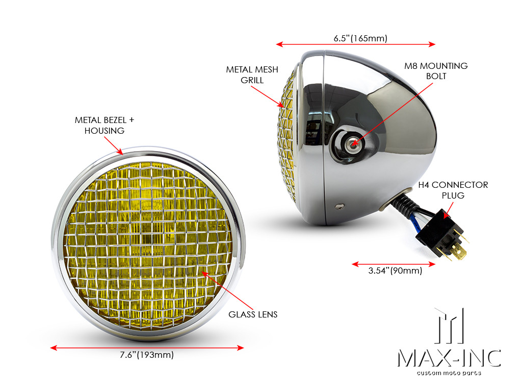 7.7" Chrome Universal Metal Classic Yellow Lens Headlight + Mesh Grill