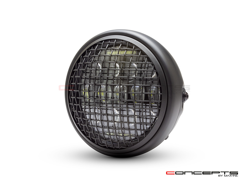 7.7" Matte Black Universal Classic Metal Multi Projector LED Headlight + Mesh Grill - 12v / 75w