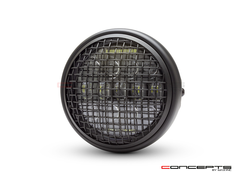 7.7" Matte Black Universal Classic Metal Multi Projector LED Headlight + Mesh Grill - 12v / 75w