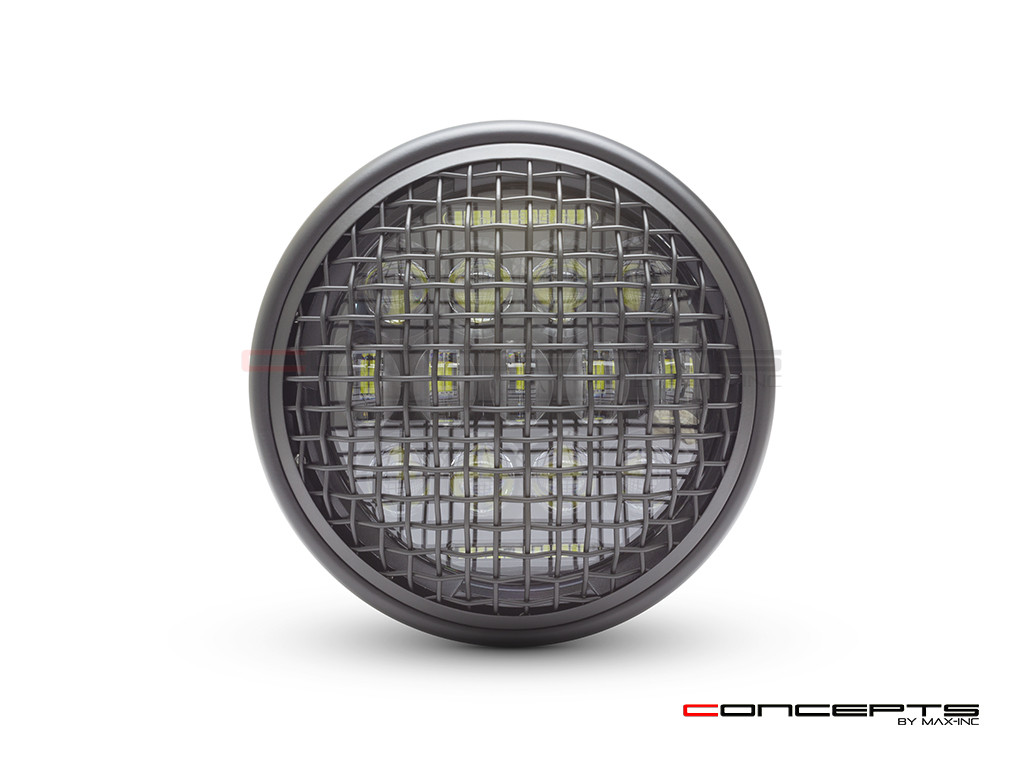 7.7" Matte Black Universal Classic Metal Multi Projector LED Headlight + Mesh Grill - 12v / 75w