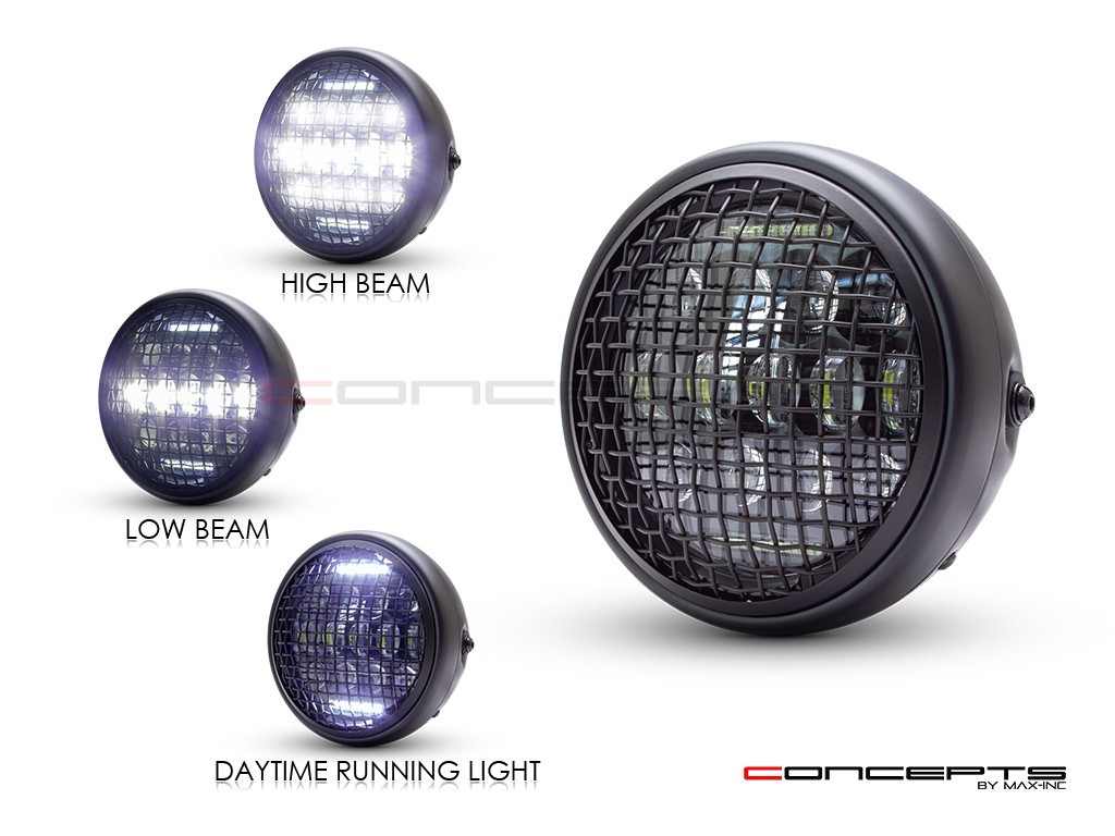 7.7" Matte Black Universal Classic Metal Multi Projector LED Headlight + Mesh Grill - 12v / 75w