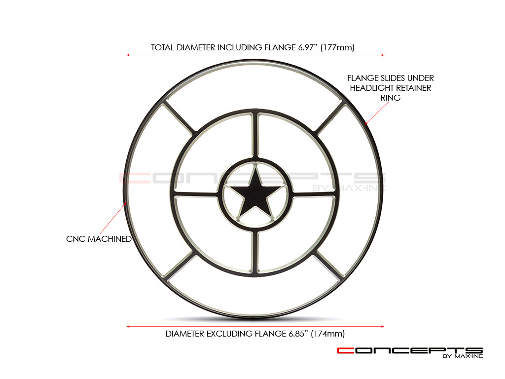 Star Design 7" Black + Contrast Cut CNC Aluminum Headlight Guard Covers - Pair