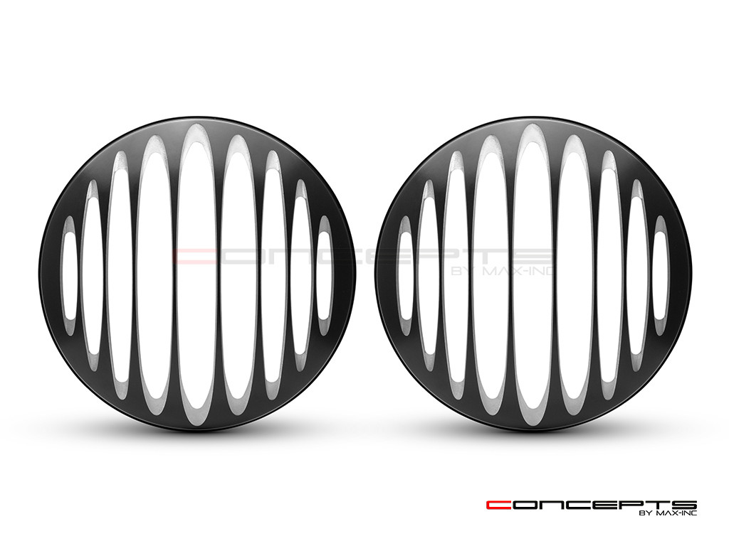 Prison Bar Design 7" Black + Contrast Cut CNC Aluminum Headlight Guard Covers - Pair