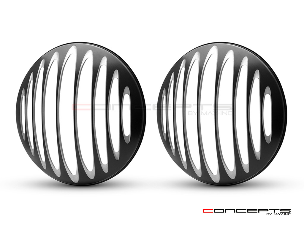 Prison Bar Design 7" Black + Contrast Cut CNC Aluminum Headlight Guard Covers - Pair