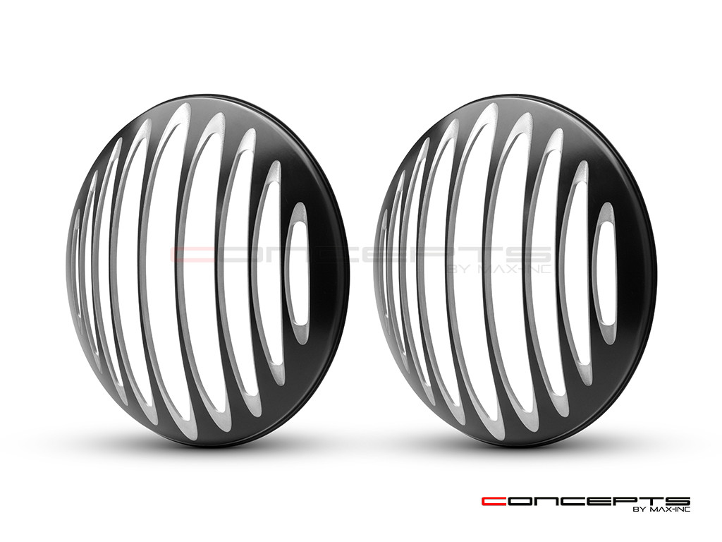 Prison Bar Design 7" Black + Contrast Cut CNC Aluminum Headlight Guard Covers - Pair