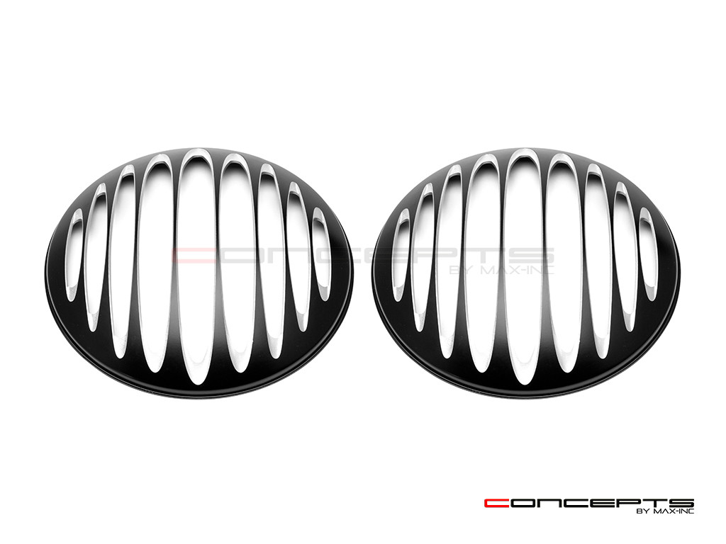 Prison Bar Design 7" Black + Contrast Cut CNC Aluminum Headlight Guard Covers - Pair