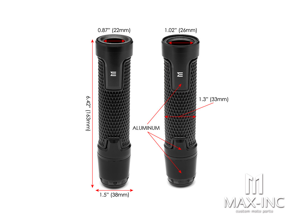 Sportz Black Anodized CNC Machined Aluminum / Rubber Hand Grips + Bar Ends - 7/8" (22mm)