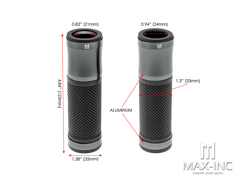 Retro Gun Metal Grey Anodized CNC Machined Aluminum / Rubber Hand Grips - 7/8" (22mm)