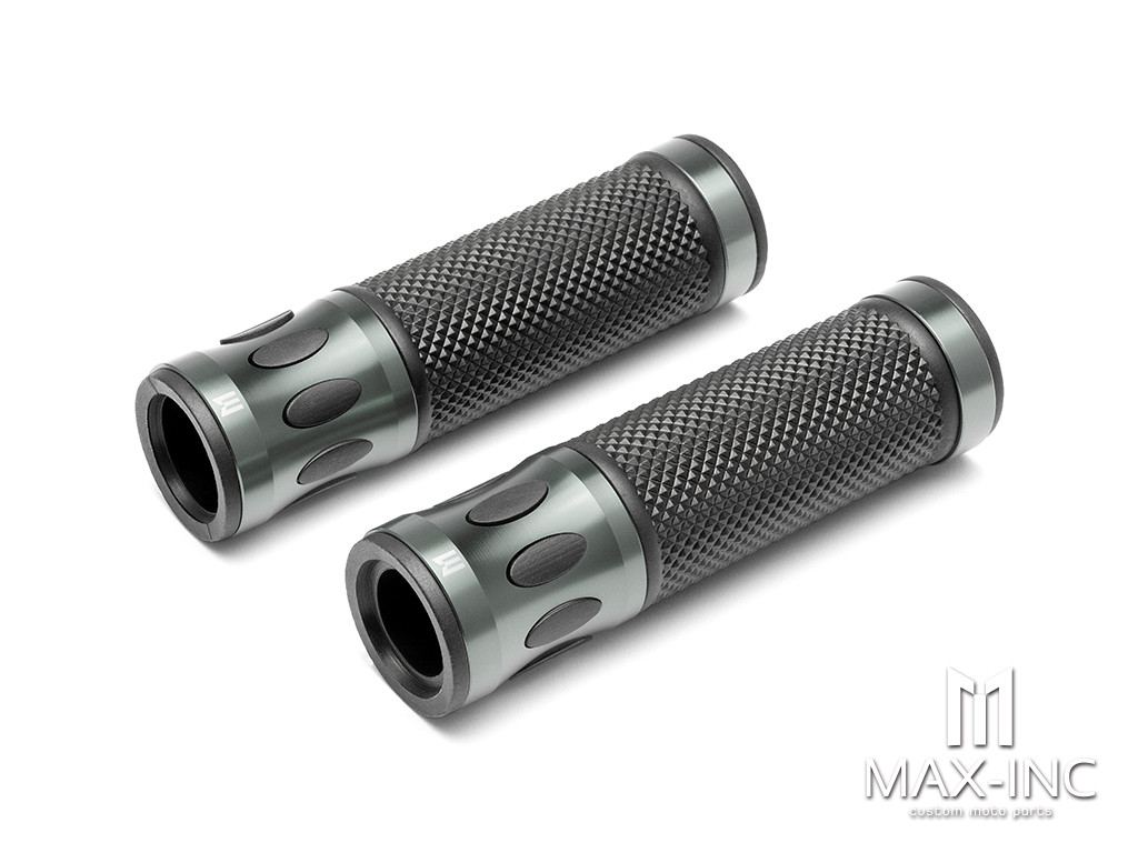 Oval Cut Gun Metal Grey Anodized CNC Machined Aluminum / Rubber Hand Grips - 7/8" (22mm)