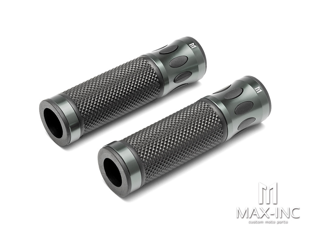 Oval Cut Gun Metal Grey Anodized CNC Machined Aluminum / Rubber Hand Grips - 7/8" (22mm)