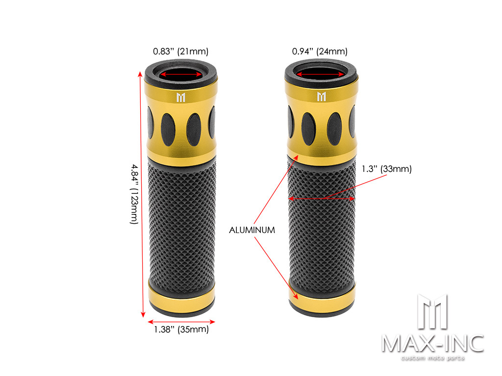 Oval Cut Gold Anodized CNC Machined Aluminum / Rubber Hand Grips - 7/8" (22mm)