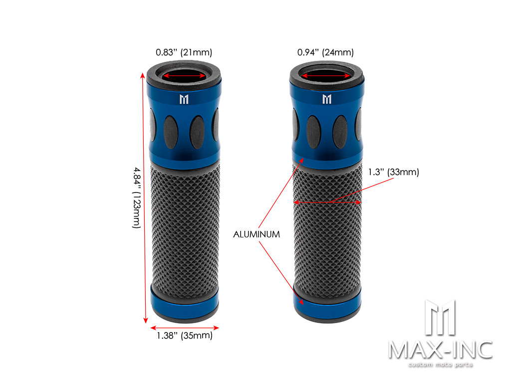 Oval Cut Blue Anodized CNC Machined Aluminum / Rubber Hand Grips - 7/8" (22mm)