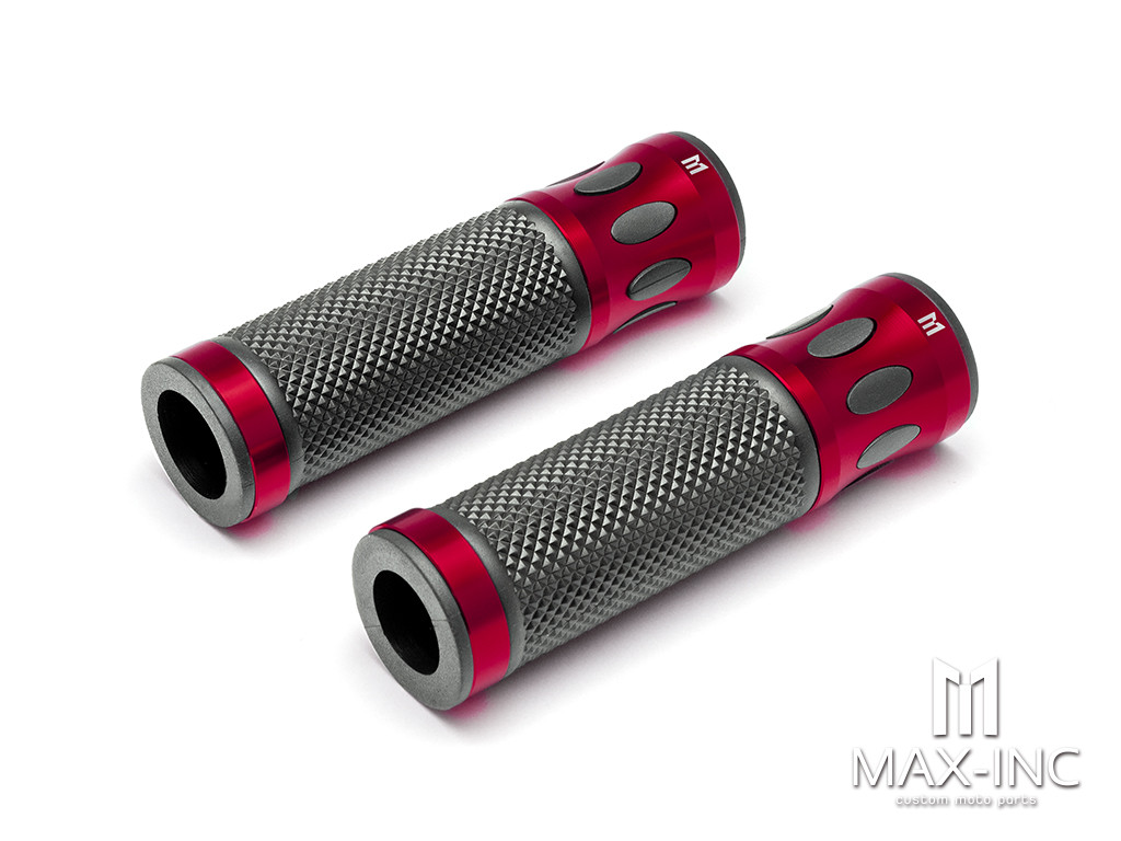 Oval Cut Red Anodized CNC Machined Aluminum / Rubber Hand Grips - 7/8" (22mm)
