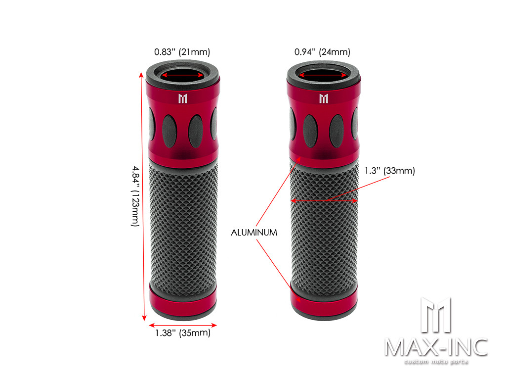 Oval Cut Red Anodized CNC Machined Aluminum / Rubber Hand Grips - 7/8" (22mm)