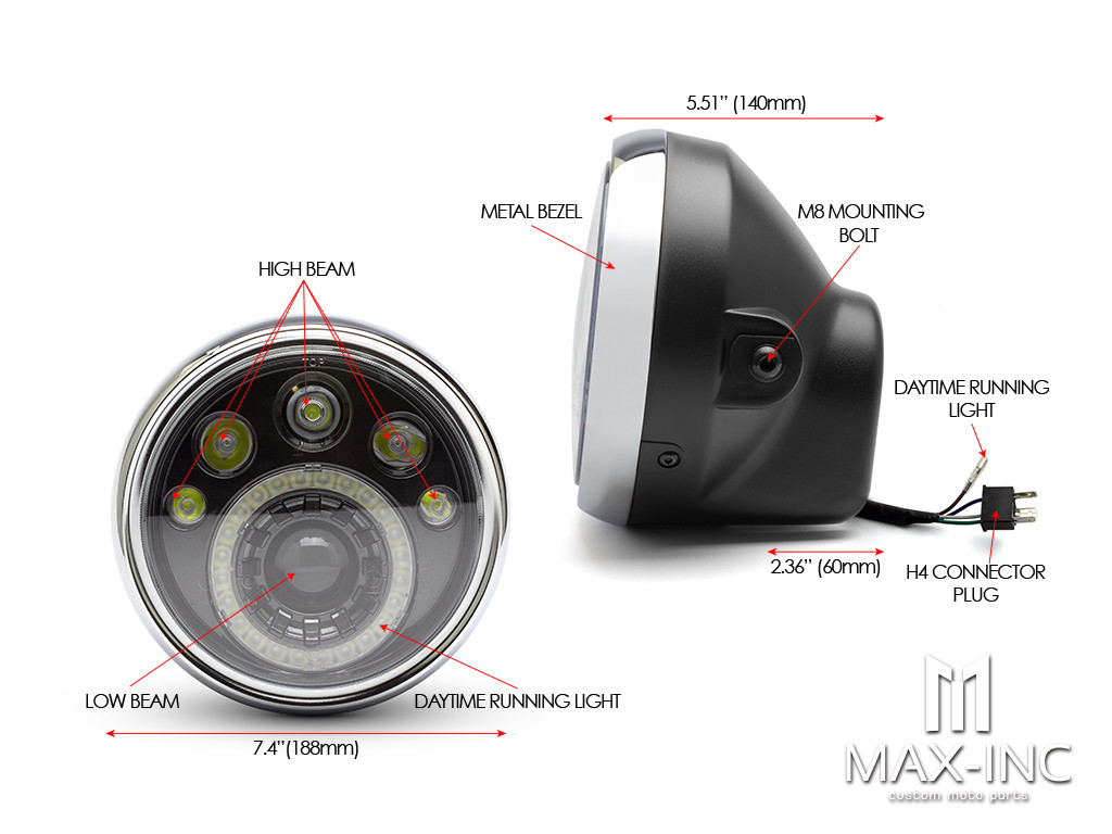 7" Black & Chrome Universal Multi Projector LED Headlight with Halo Ring - Emarked