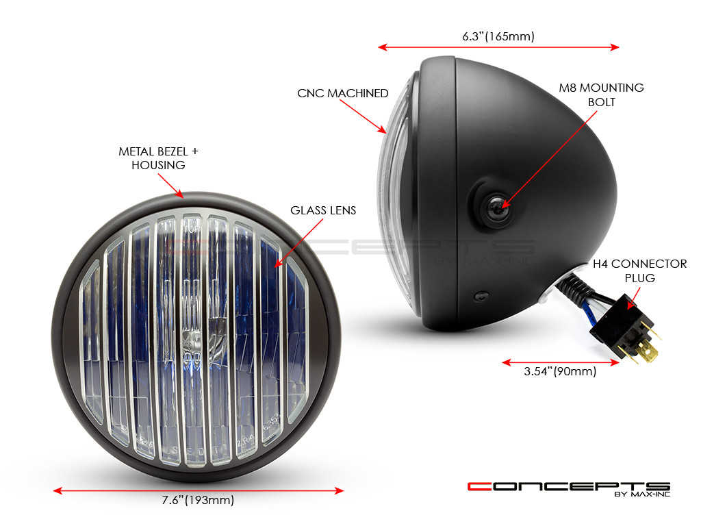 7.7" Matte Black Metal Headlight + Contrast Cut Vent Grill - 12v / H4 / 55w