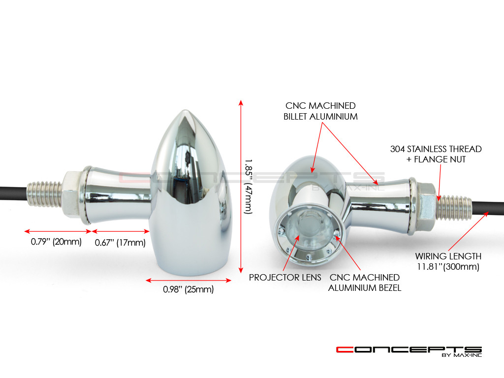 MAX LADZ Chrome CNC Machined Alum Mini Rear LED Indicators / Turn Signals + Running Lights - Red