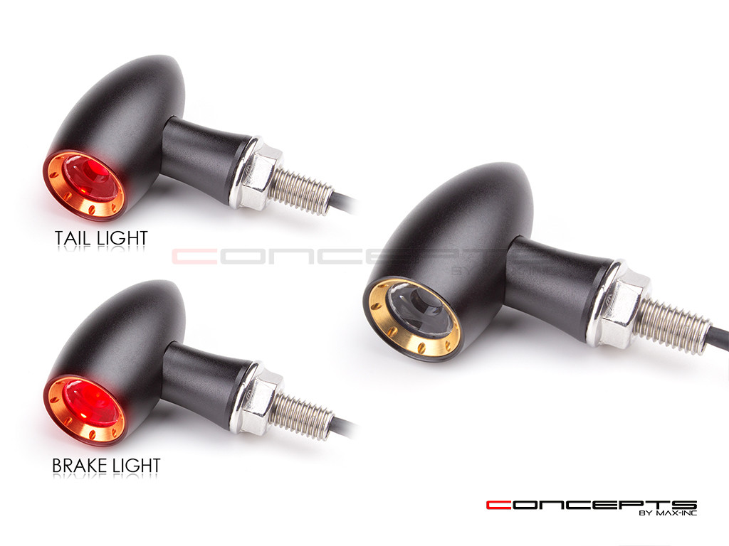 MAX LADZ Black + Brass CNC Machined Alum Mini Rear LED Indicators / Turn Signals + Running Lights - Red